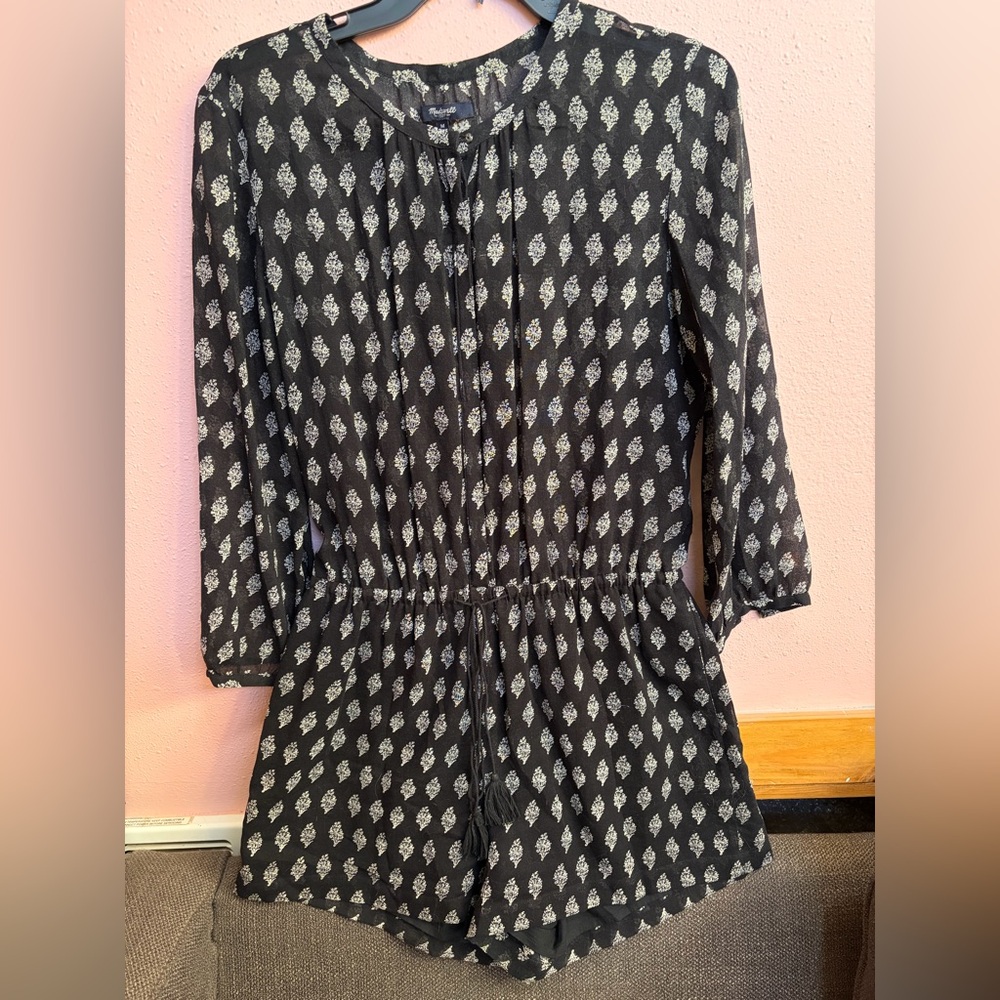 Madewell Women Jumpsuit Romper Medium Black Sheer Long Sleeves Pockets Tassels